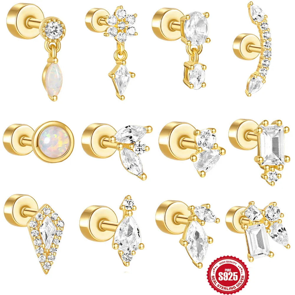 S925 sterling silver flat column geometric ear bone stud with threaded post in a gold electroplated finish.