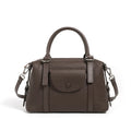 Genuine leather street trend ladies handbag with lock detail in black, brown, or elephant grey