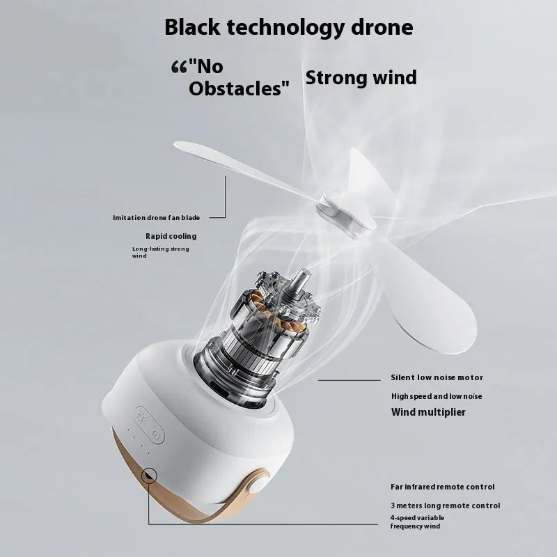 White rechargeable ceiling camping fan with remote control and mounting strap on a 3m wire bracket.