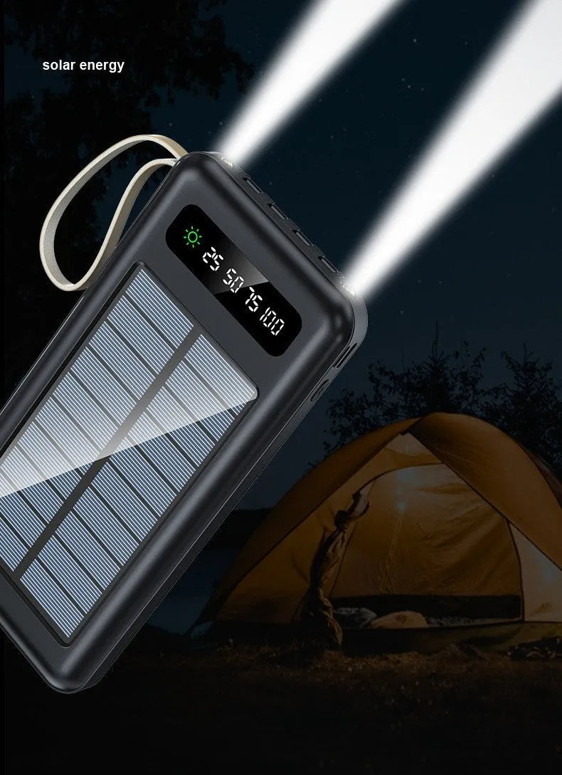 Cool black and ivory white solar power bank showing front display and solar panel surface.