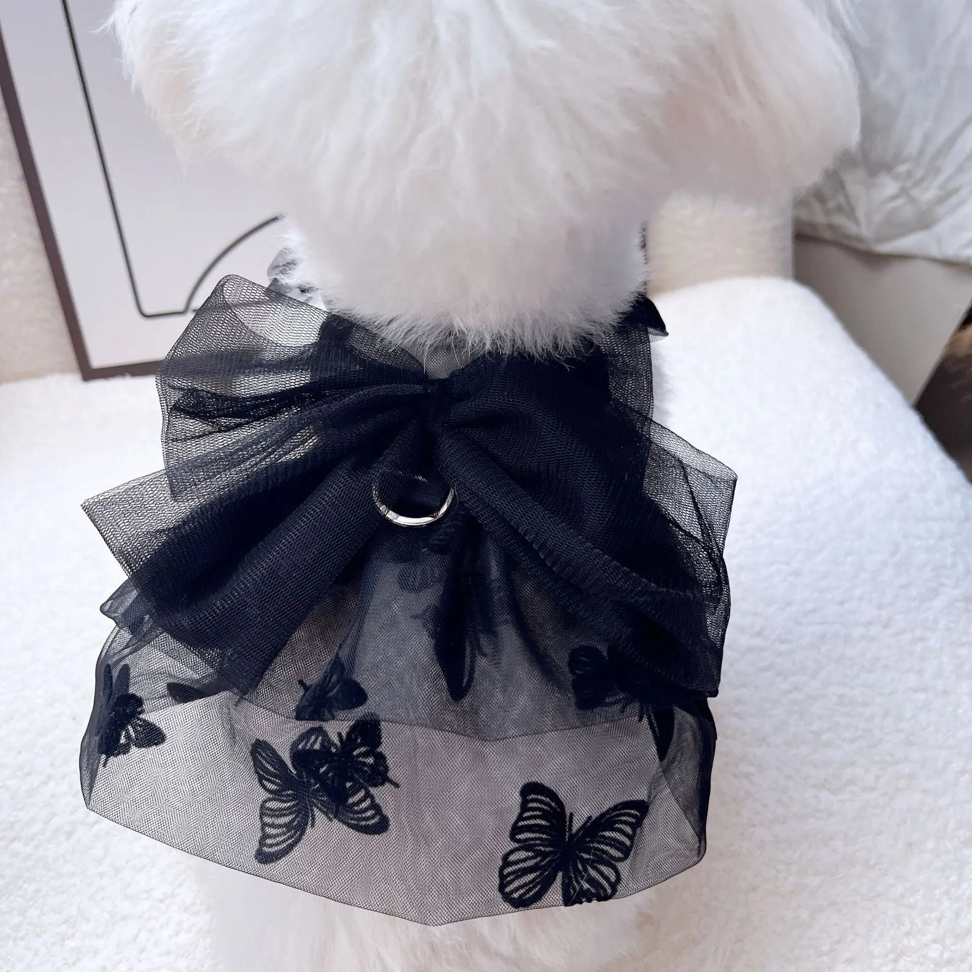 Black tulle princess skirt costume on a small dog, showing the gauze material and fit.