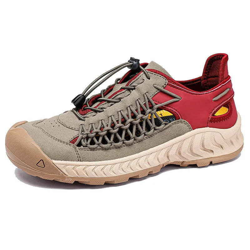 Men's hand-woven casual sandals in light grey with a closed toe and rubber sole.