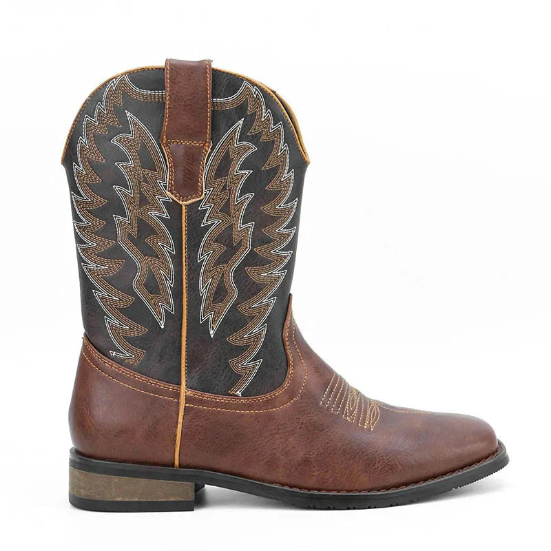 Men's black Western denim motorcycle boots with square toe design and low wedge heel