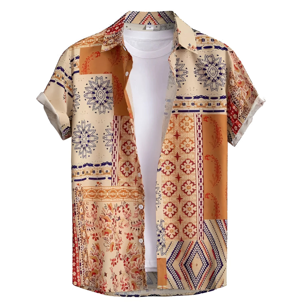 Man wearing a slim fit, short sleeve Hawaiian shirt with a digital print pattern in a cardigan style.