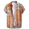 Man wearing a slim fit, short sleeve Hawaiian shirt with a digital print pattern in a cardigan style.