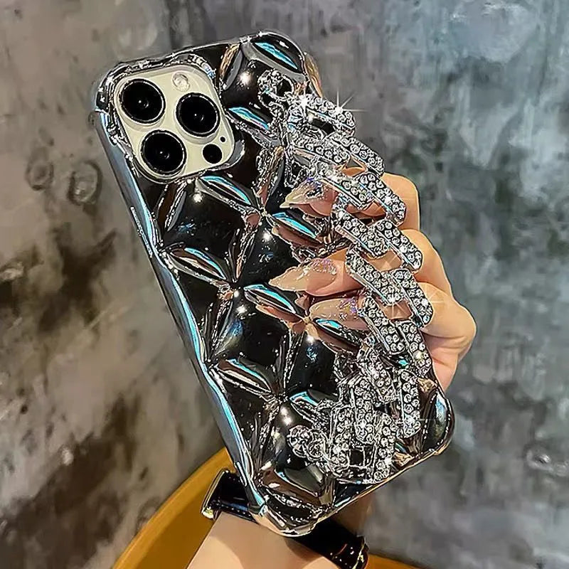 iPhone case with chain design and diamond bracelet wrist strap in silver or gold finish