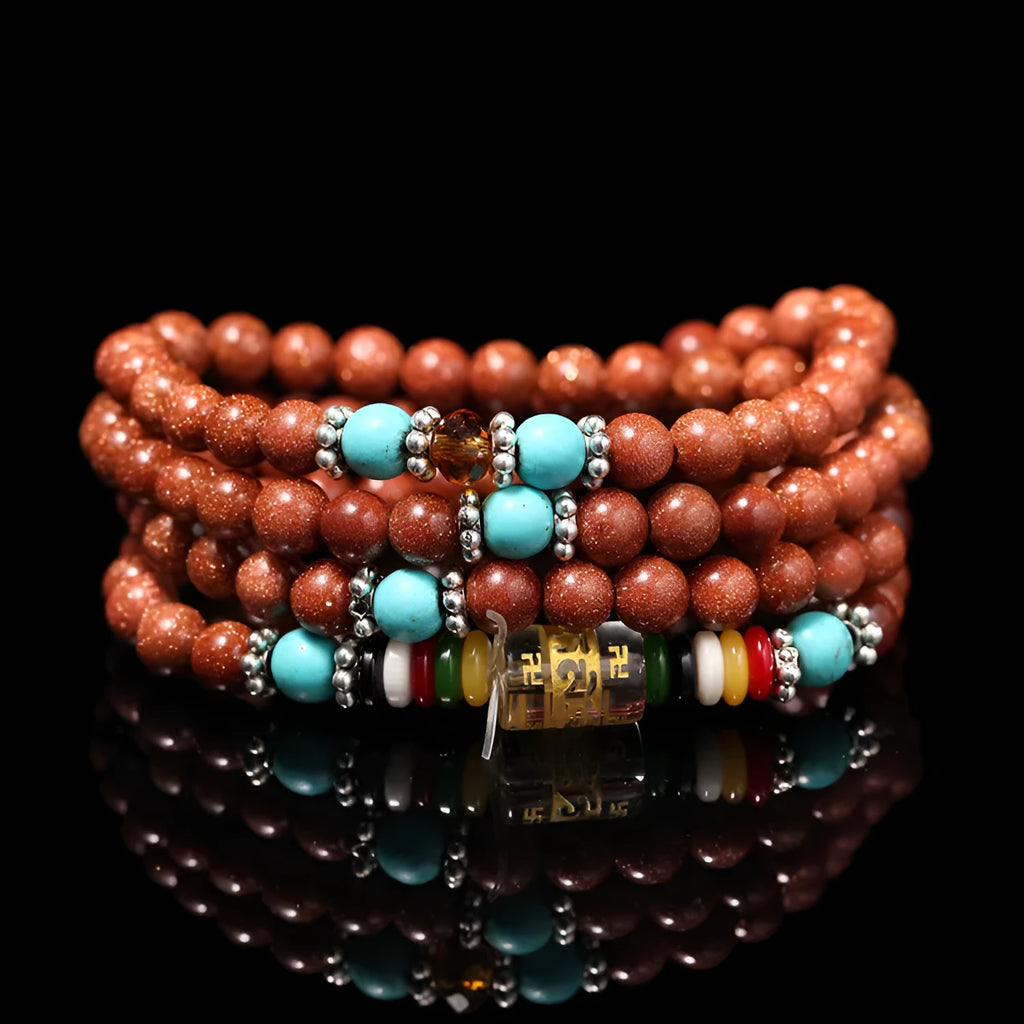 Golden star stone women's mantra bracelet with 108-piece nugget sand construction and fu character ornament