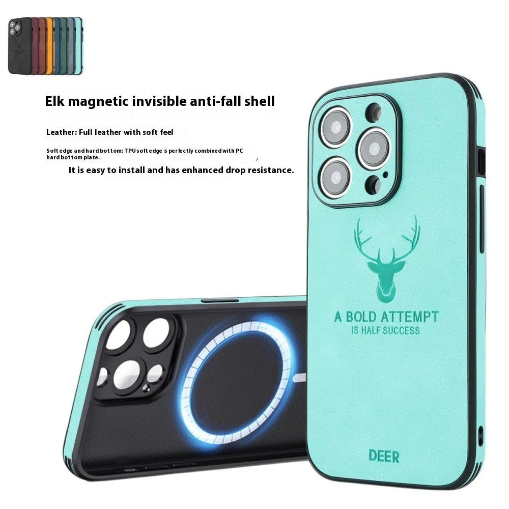 iPhone 16 magnetic charging case with embossed moose head design in imitation leather.