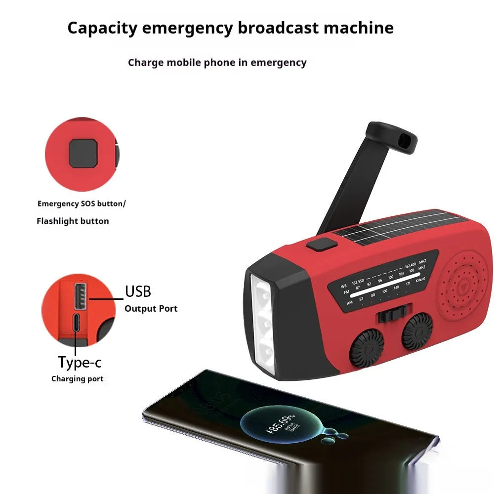 Red rechargeable emergency hand radio torch with built-in speaker and USB charging port