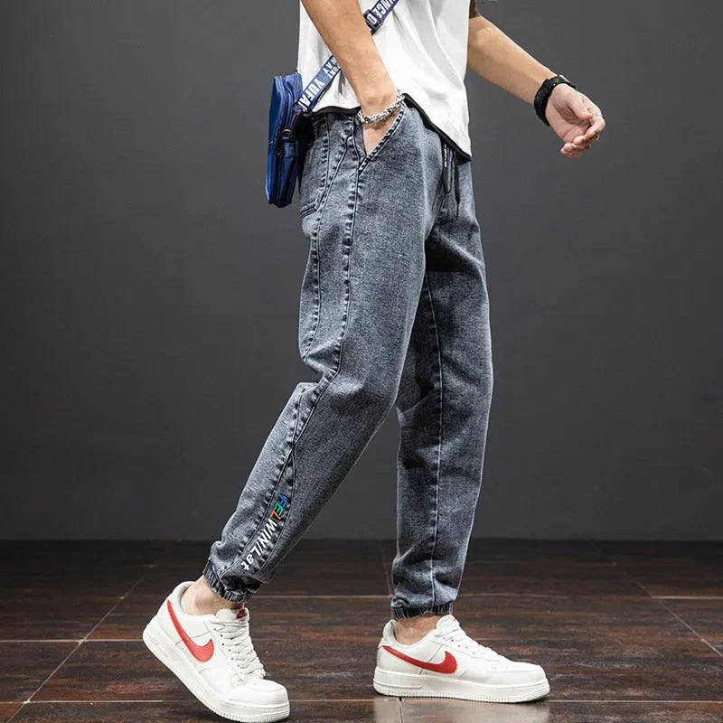 Men's cropped oversized straight leg jeans in blue made from high elastic cotton fabric with middle waist