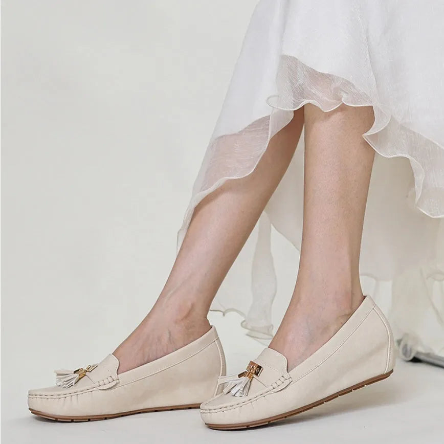 Beige, black, blue, and brown mid-heel height increasing shoe insoles with round toe and oversleeve design.