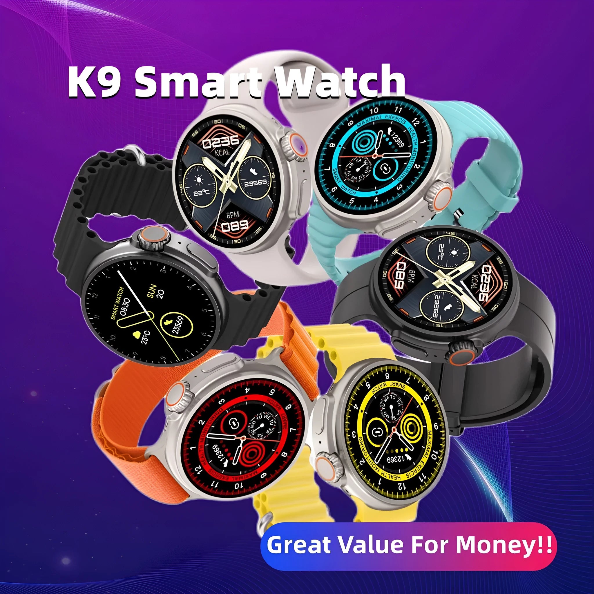 K9 Smart Watch in black with round screen showing health metrics and NFC payment interface