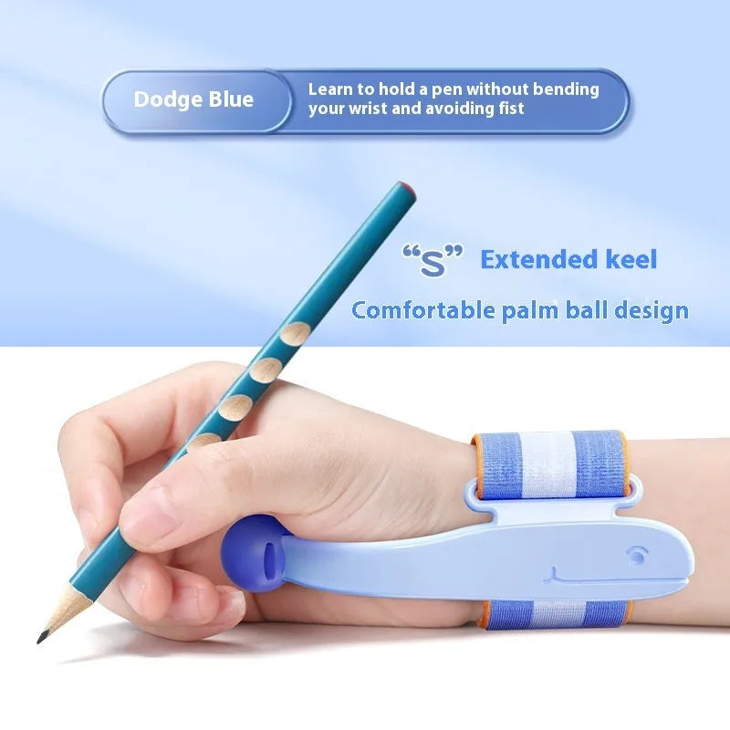 Anti-hook wrist brace pen control corrector for children's handwriting training in blue colour