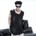 Men's black sleeveless vest waistcoat with irregular ripped cutting design detail