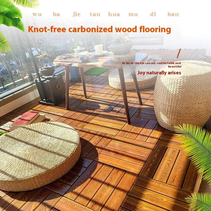 Camphor pine wood flooring panels in 30x30cm squares with brushed wax oil and durable brushed finishes