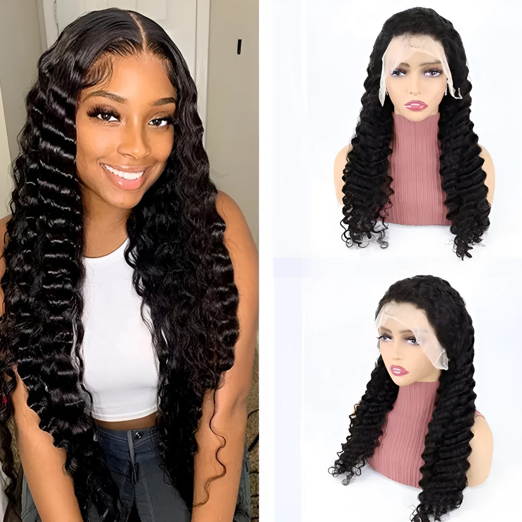 Solid colour human hair half lace wig displayed with straight, long hair, showing the natural-looking lace front.