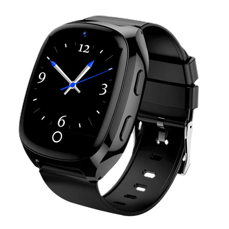 Black GPS smartwatch with touch screen displaying heart rate monitor and SOS functions