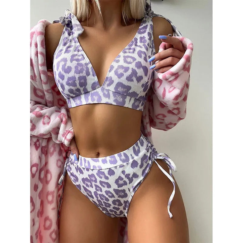 Women's purple leopard print high waist bikini set with lace-up chest cover top and matching shorts