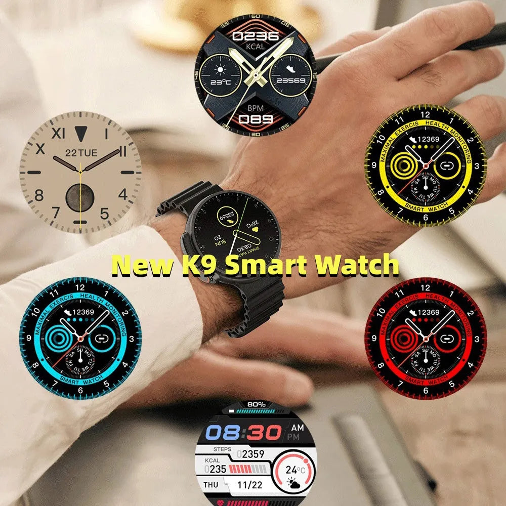 K9 Smart Watch in black with round screen showing health metrics and NFC payment interface