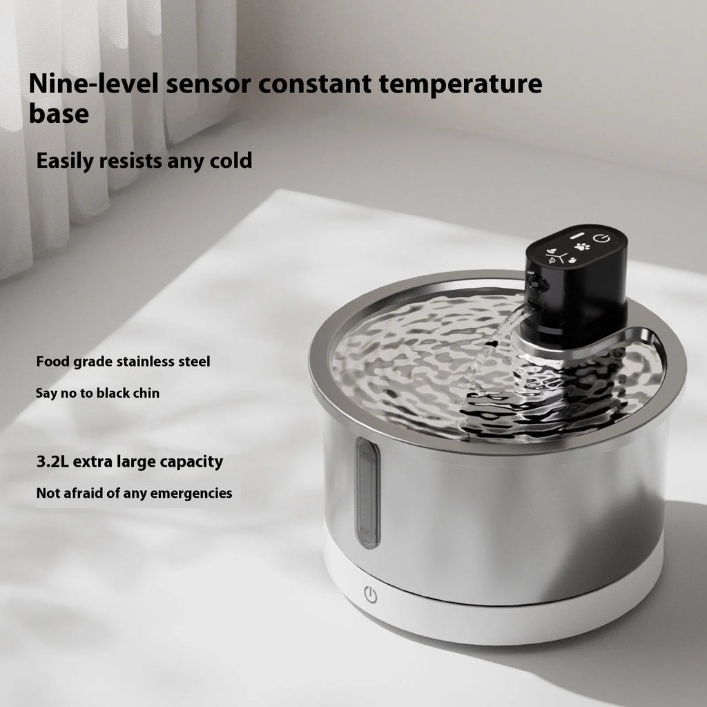 White stainless steel pet water fountain with digital temperature control base for cats and dogs