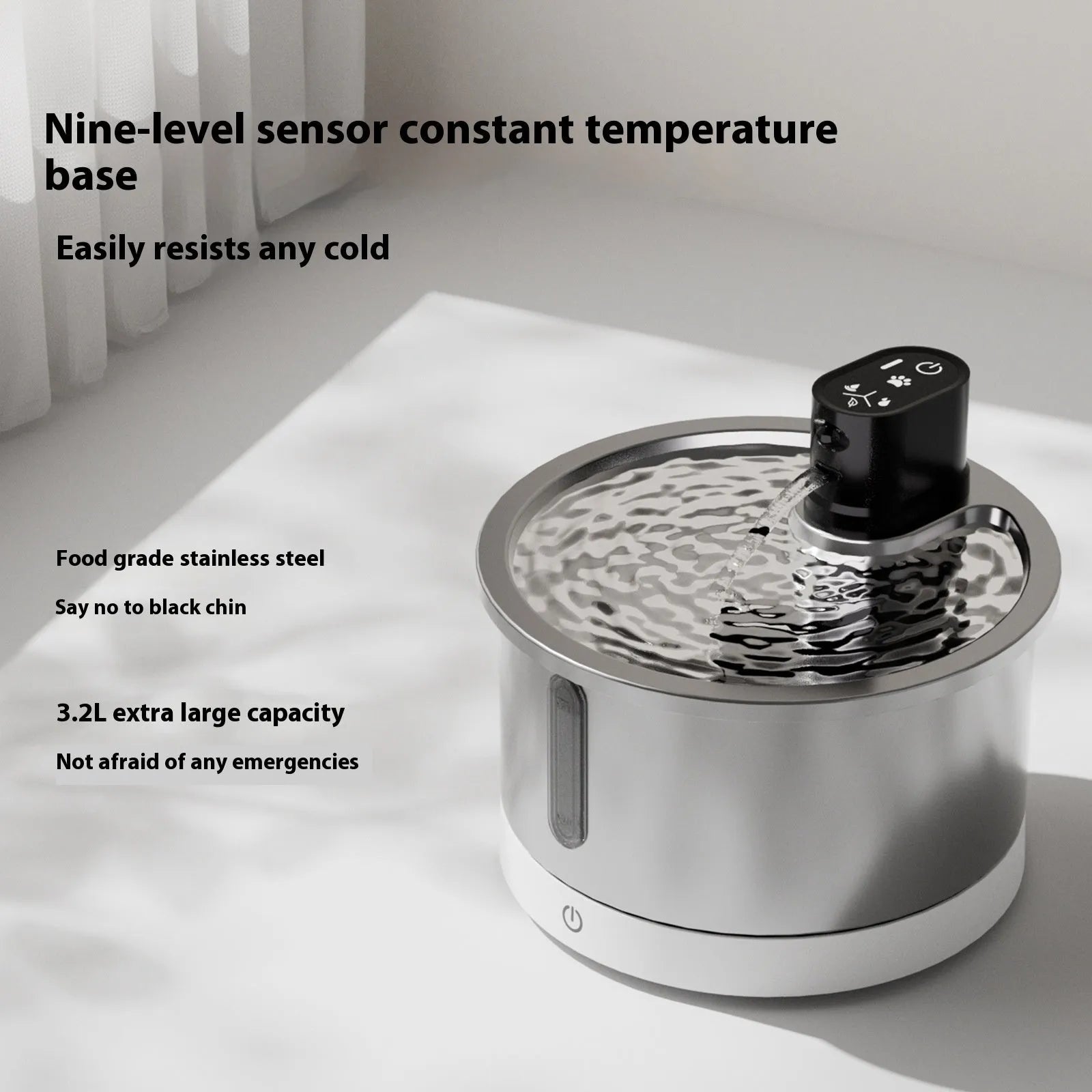 White stainless steel pet water fountain with digital temperature control base for cats and dogs