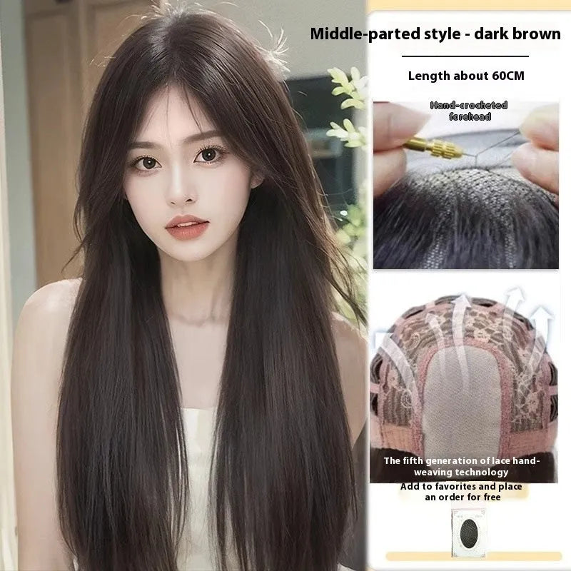 Long straight black synthetic wig with side bangs on a wig head, showing full-head construction.