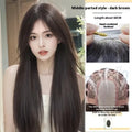 Long straight black synthetic wig with side bangs on a wig head, showing full-head construction.