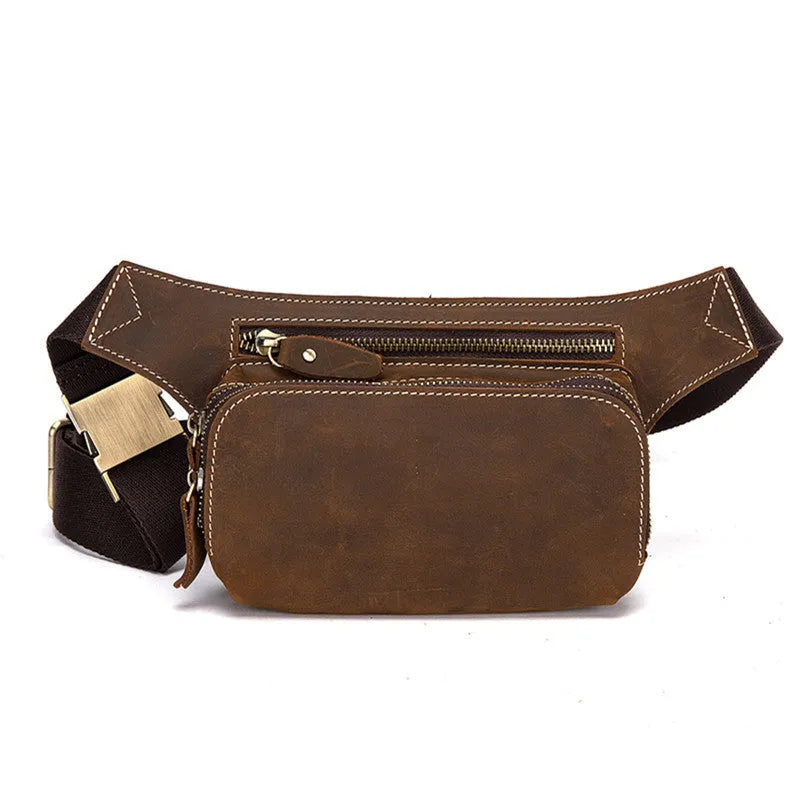 Brown cowhide men's sports waist bag with pull closure showing internal phone compartment