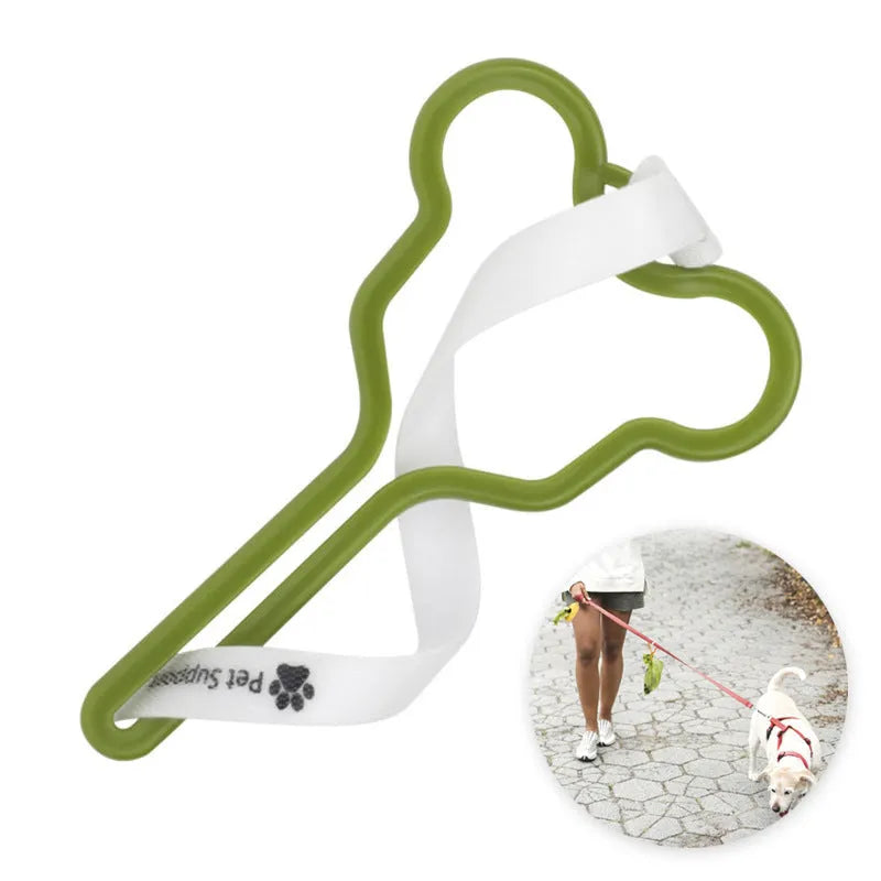 Hands-free dog poo bag holder with fixed clip and adjustable velcro strap.