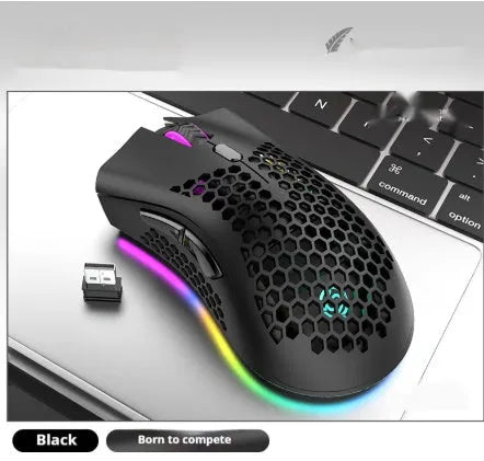 Hollow shell luminous wireless gaming mouse in cyan colour with USB receiver