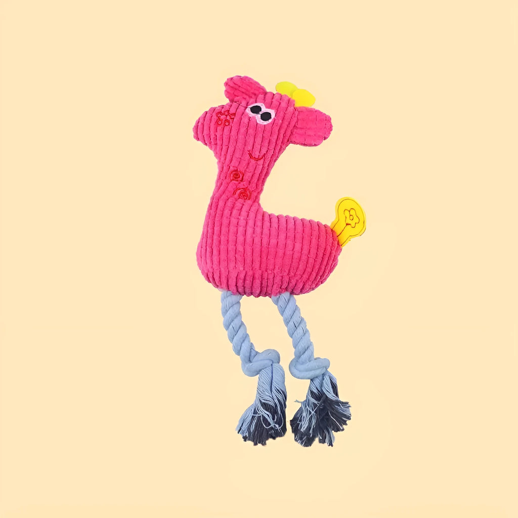 Blue deer-shaped plush dog toy with corn grain texture fabric and a squeaker inside.