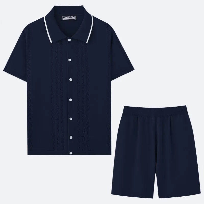 Men's khaki Tencel viscose business casual set with short sleeve top and matching shorts