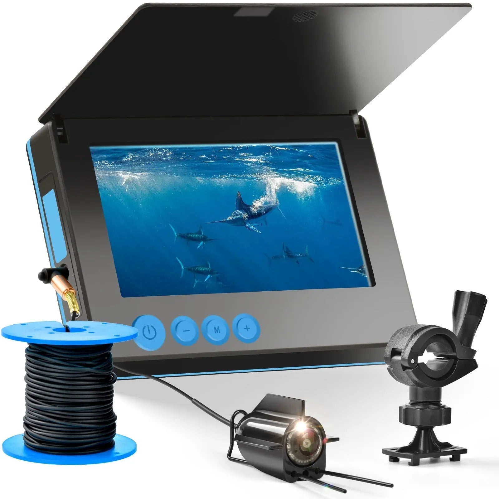 Underwater fishing camera system with 4.3-inch screen, wide angle lens, and LED night vision lights for boat and ice fishing