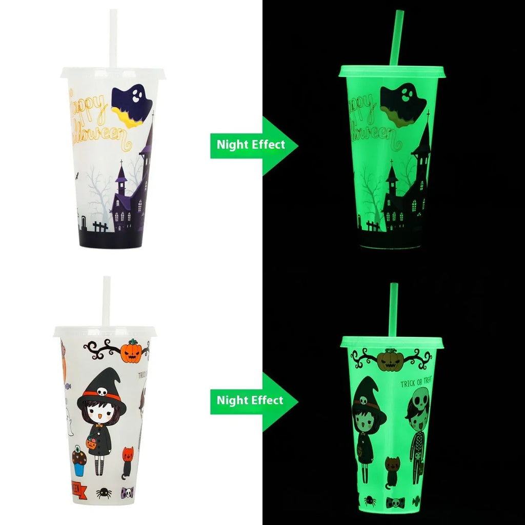 A 720ml plastic Halloween sippy cup with a luminous straw, shown in one of six available colours.