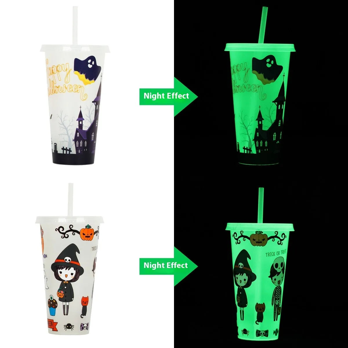 A 720ml plastic Halloween sippy cup with a luminous straw, shown in one of six available colours.