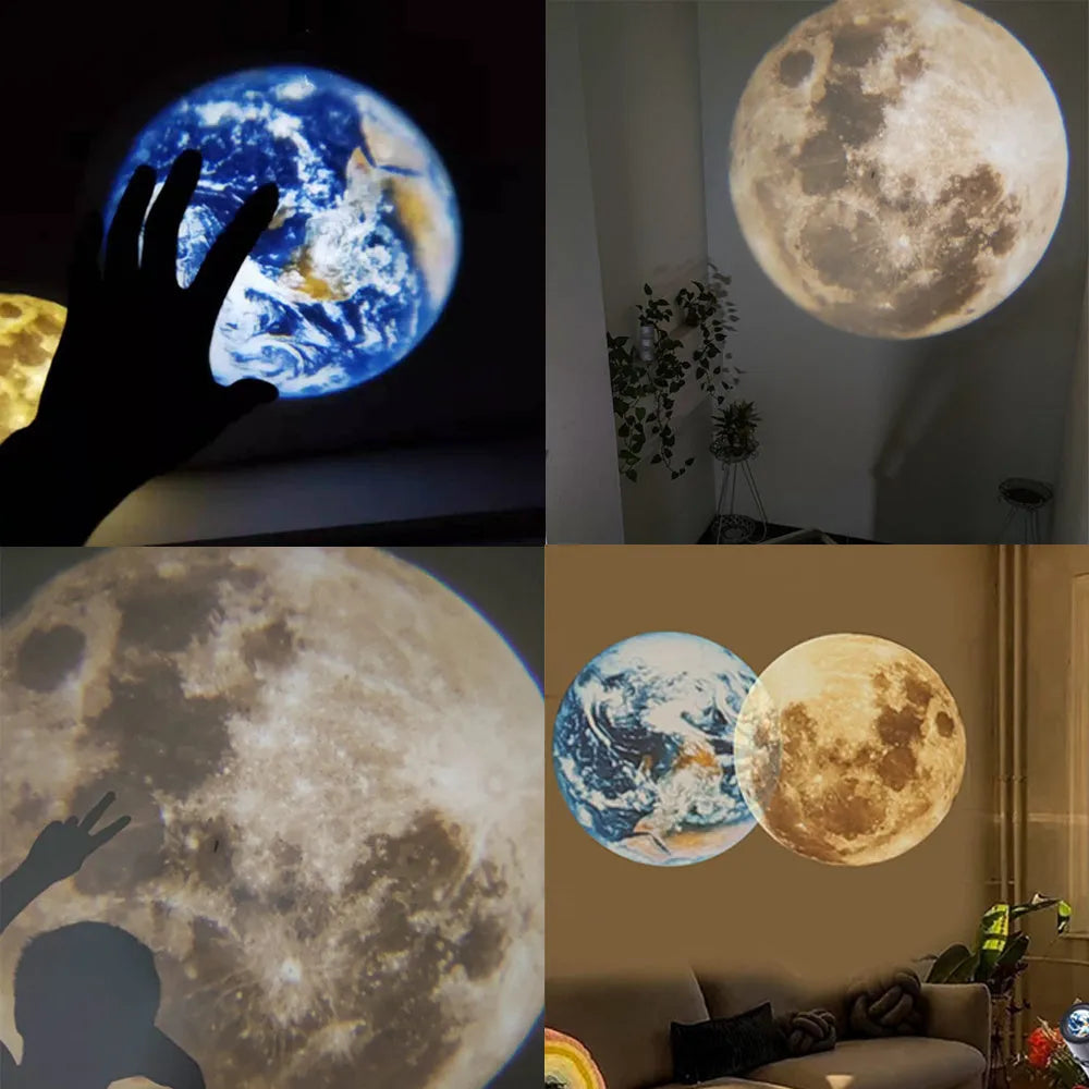 Earth and Moon star projector night light with adjustable hose bracket on bedside table