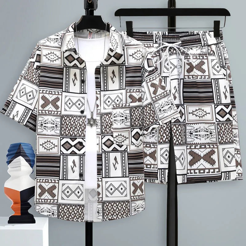 Men's casual polyester shorts two-piece set with short-sleeve top, shown in multiple colours.
