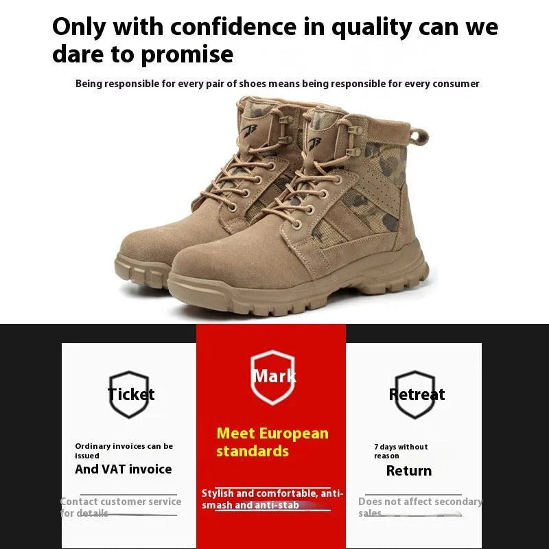 Khaki suede high-top combat boots with steel toe cap and lace-up front closure