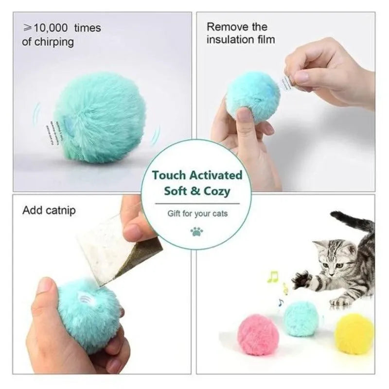 55mm diameter interactive cat toy ball in blue, pink, and yellow colours with removable lid for catnip
