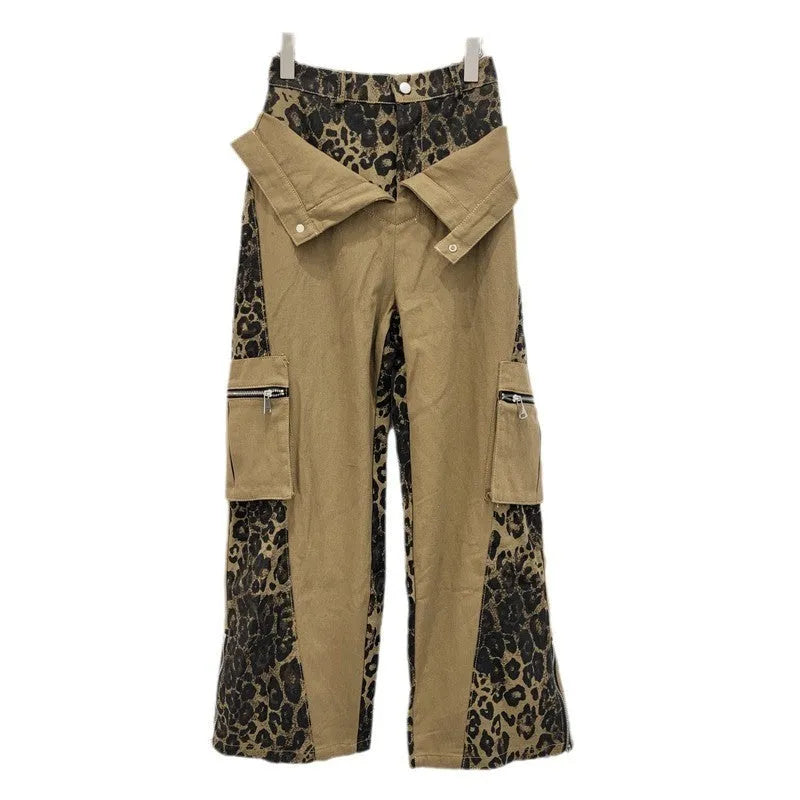 Women's dark khaki leopard print high waist straight leg jeans with retro stitching details