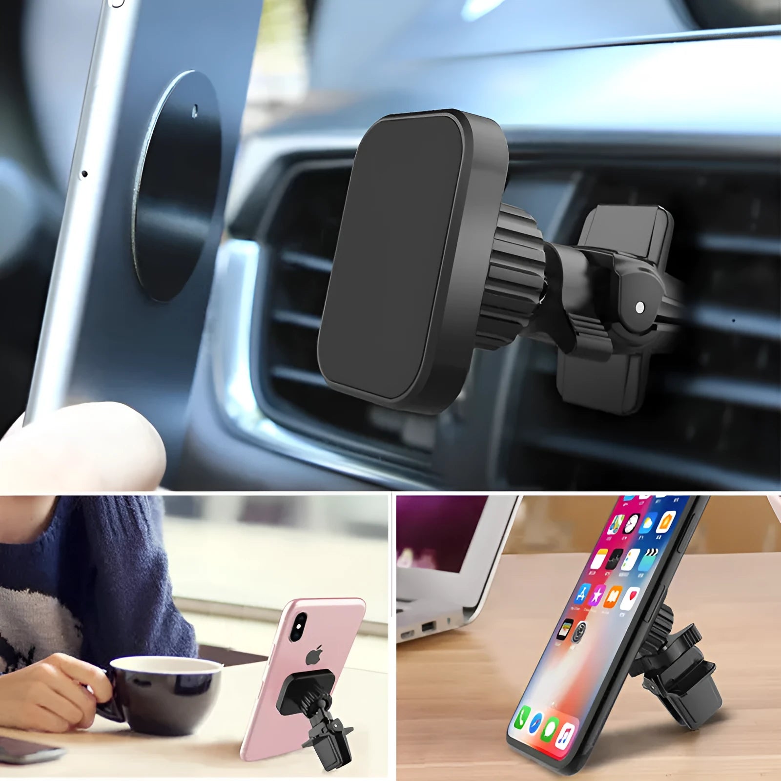 Black magnetic car phone holder mounted on vehicle air conditioning outlet