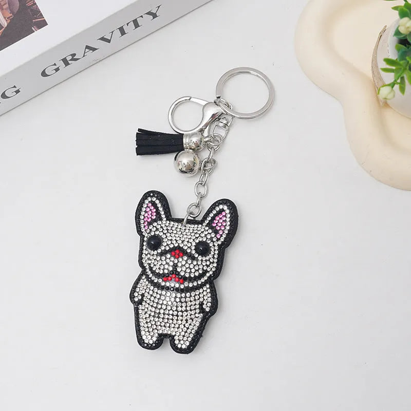 French dog rhinestone keychain pendant with cartoon animal design in alloy construction