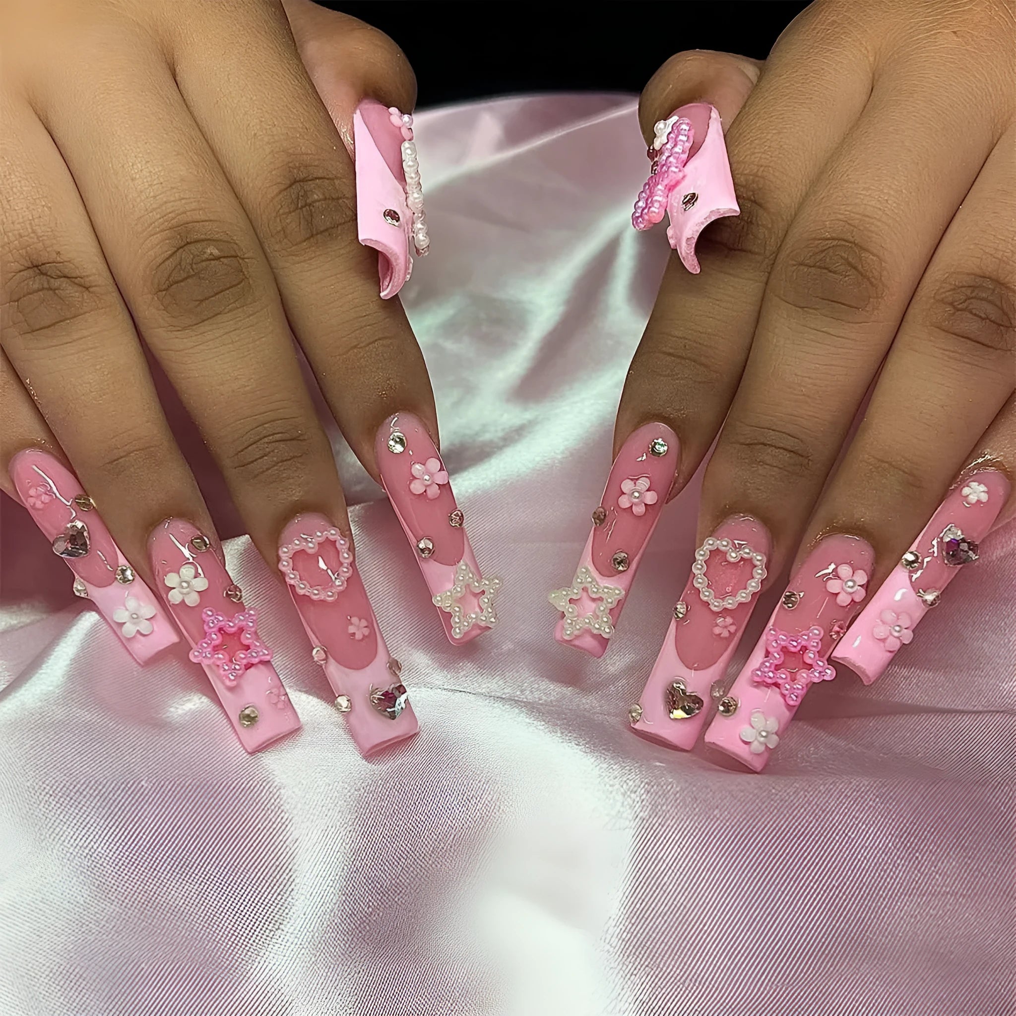 Super long water pipe French spot drill bow wear false nails with love pattern in colour XB-70-48