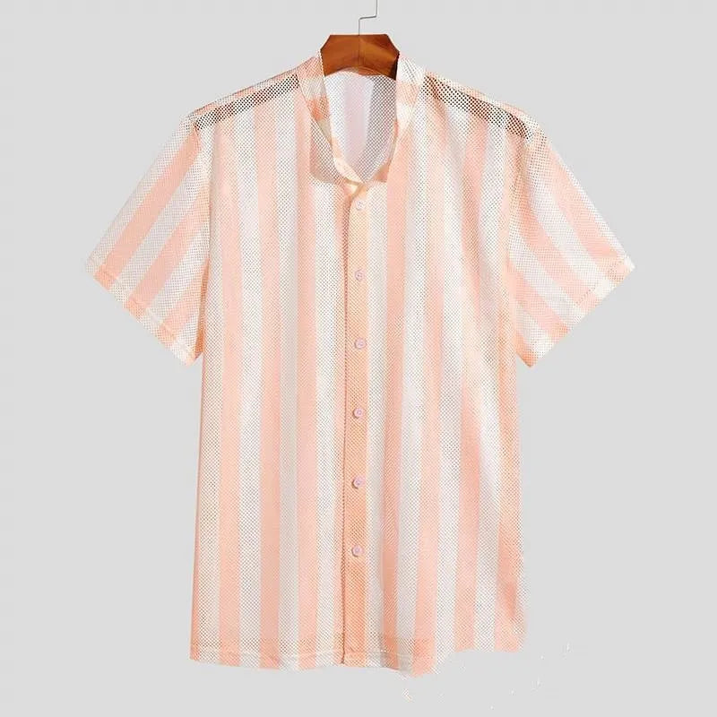 Pink waffle knit men's cardigan shirt with short sleeves and loose fit