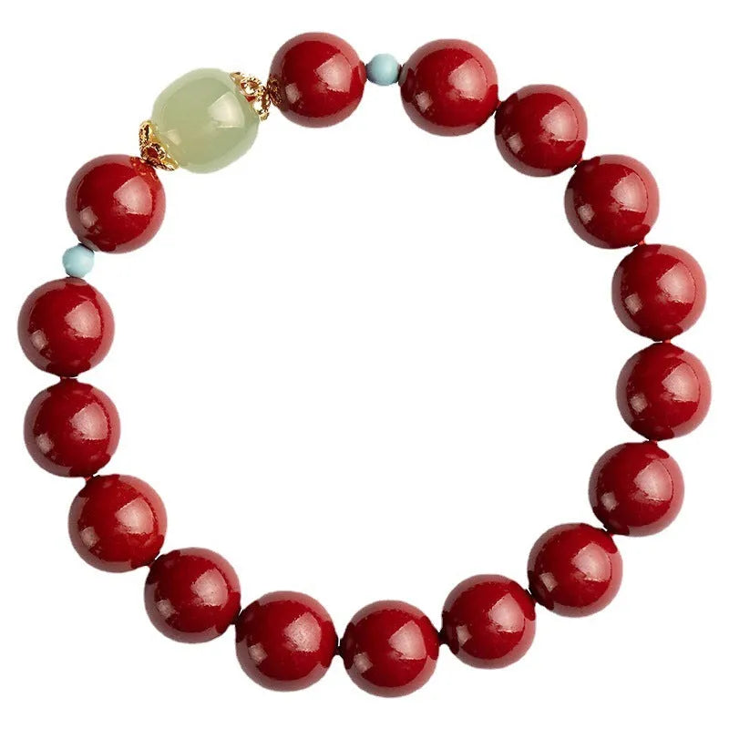 Purple Gold Sand cinnabar and Hetian jade bead bracelet with geometric ellipse shapes on a wrist.