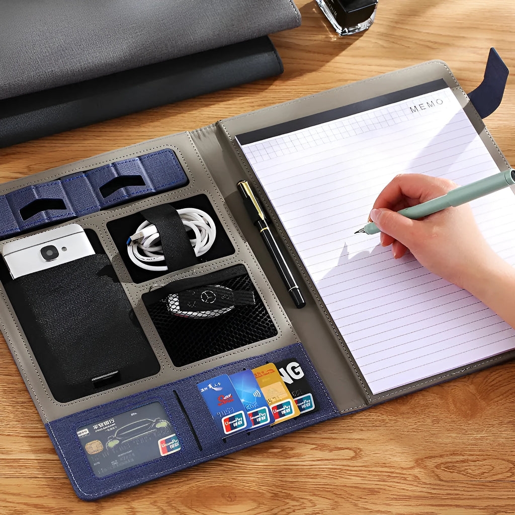 Leather A4 business folder in black with pen and notepad accessories showing 325x250mm dimensions