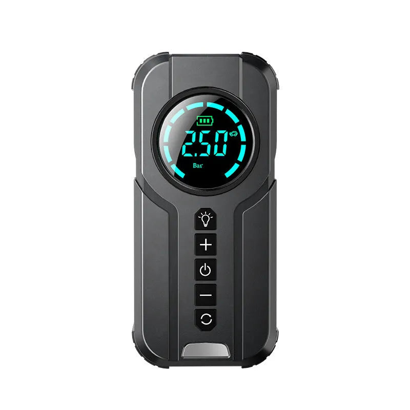 Wireless portable vehicle air pump with 6000mAh battery, conversion heads, and carry bag