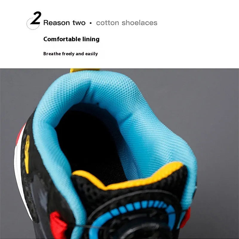 Children's rotating button basketball running shoes in multiple colours on a white background.