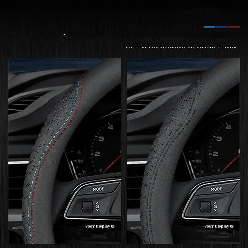 Black two-colour line steering wheel cover for Suzuki vehicles with 38cm diameter and Napa leather texture