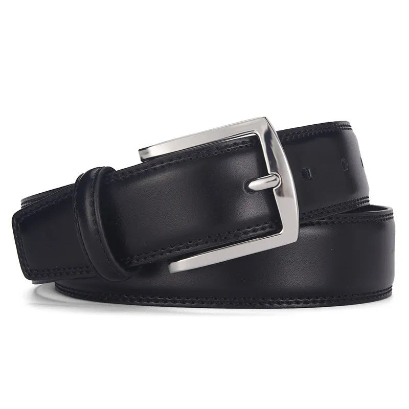 Men's black leather belt with a silver alloy pin buckle on a white background